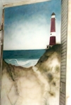 Mural: Painted sand dune, lighthouse, louvered door, ocean scene, marble column, Ivy & lizards.